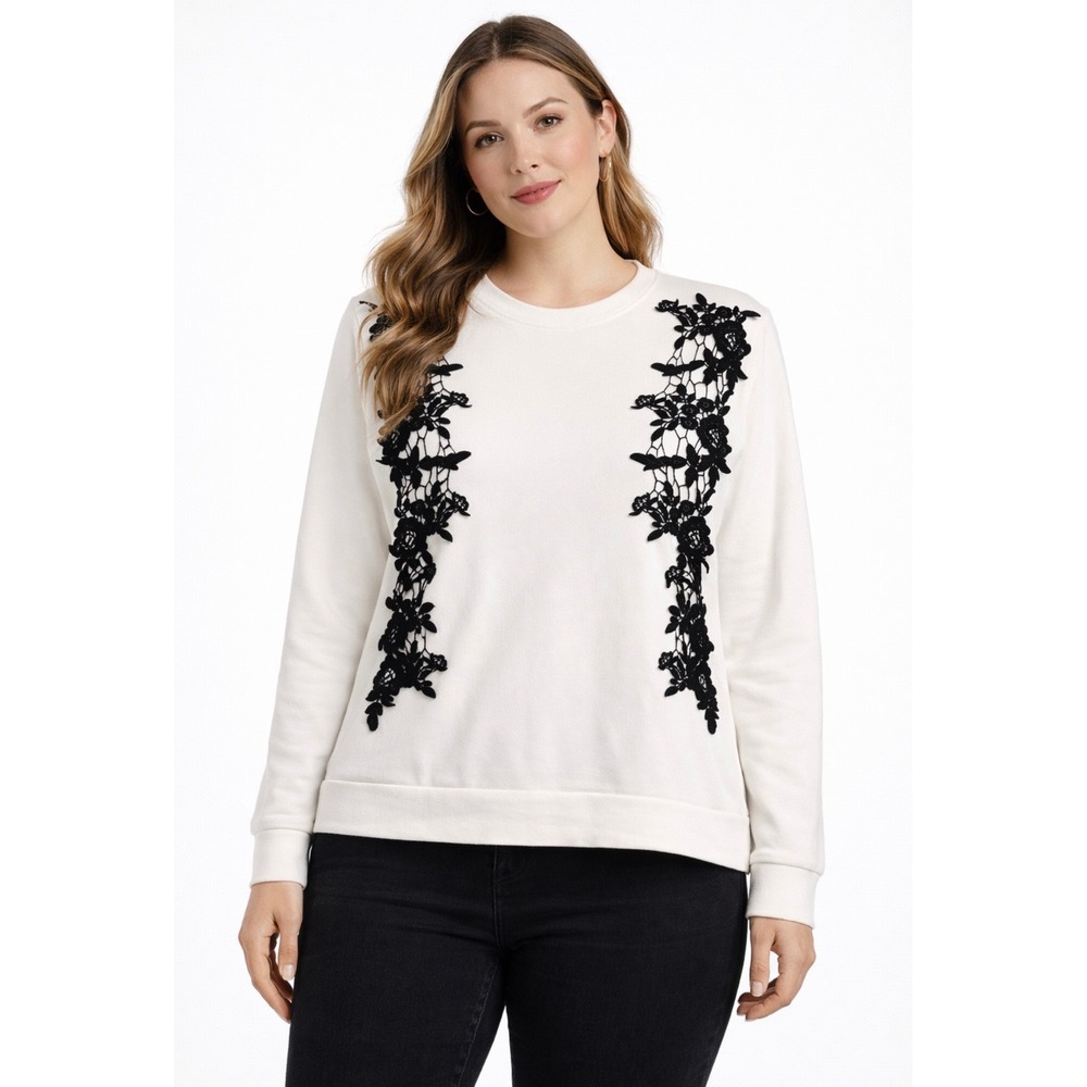Project Runway white w black lace sweater size Large